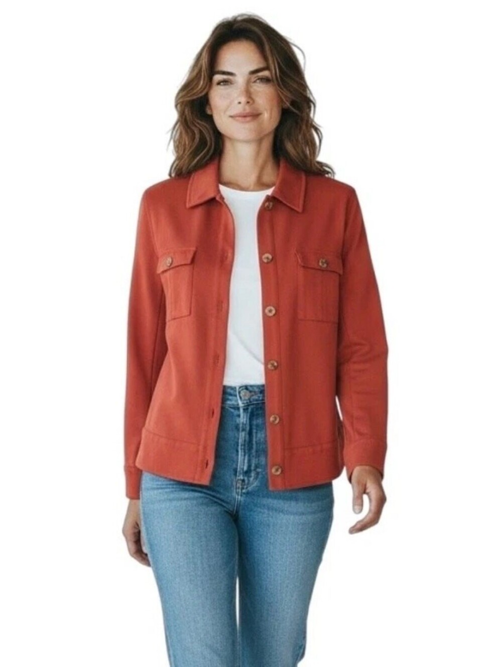 J.Jill Women's Wearever Knit Shacket Jacket S Red Orange Long Sleeve Button Up